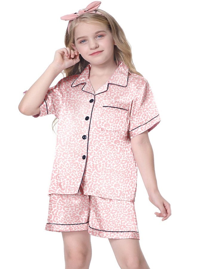 Schbbbta Satin Pajamas Sets for Girls, 2 Pcs Short Sleepwear Silk Button-Down Pj Set Loungewear, Bright Pink Leopard, 13-14 Years = Tag 170 - Image 2